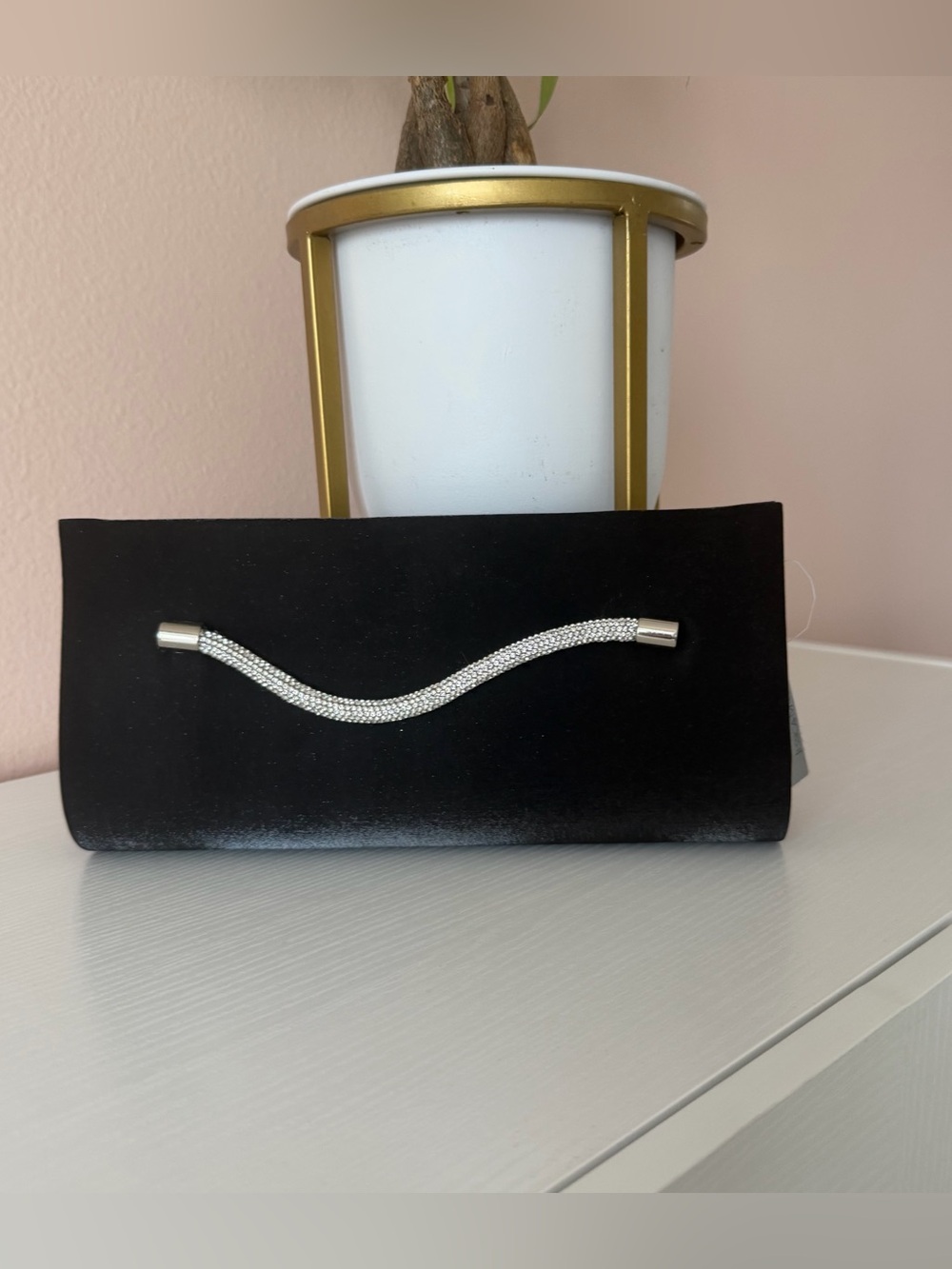 NWT Jessica McClintock "Jill" Black Satin Rhinestone Wave Evening Clutch Purse